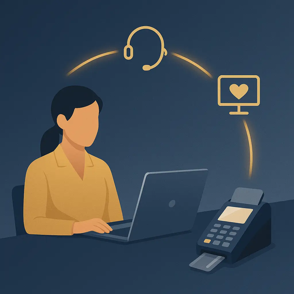 Faceless virtual receptionist working at a modern desk with laptop and connected billing terminal, representing integrated HIPAA-compliant web design, patient intake, and billing workflows for efficient healthcare delivery. Systems, website, and workflow integration.