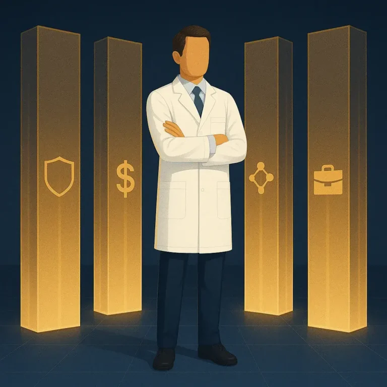 Faceless doctor in white coat standing confidently between tall golden pillars representing legal formation, credentialing, NPI setup, and payer enrollment for medical practice startup. Entity formation & market entry.